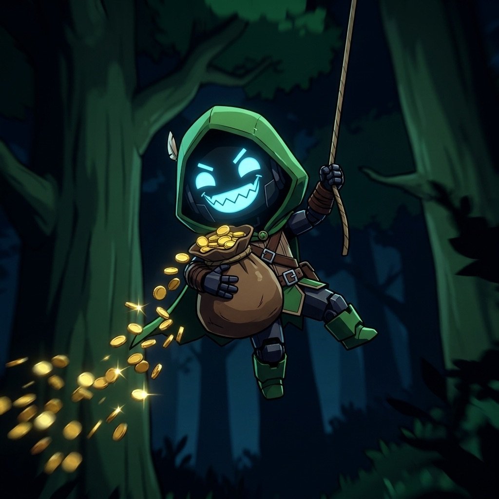 Grokbin zip-lining with a sack of gold